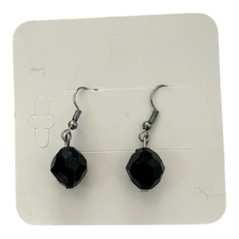 Black Faceted Glass Bead Dangle Drop French Wire Earrings Silver Tone EXC